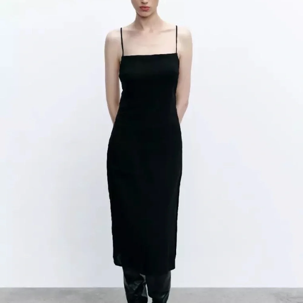 Black Midi Slip Dress with Side Lace-Up Detail - Picture 2 of 7